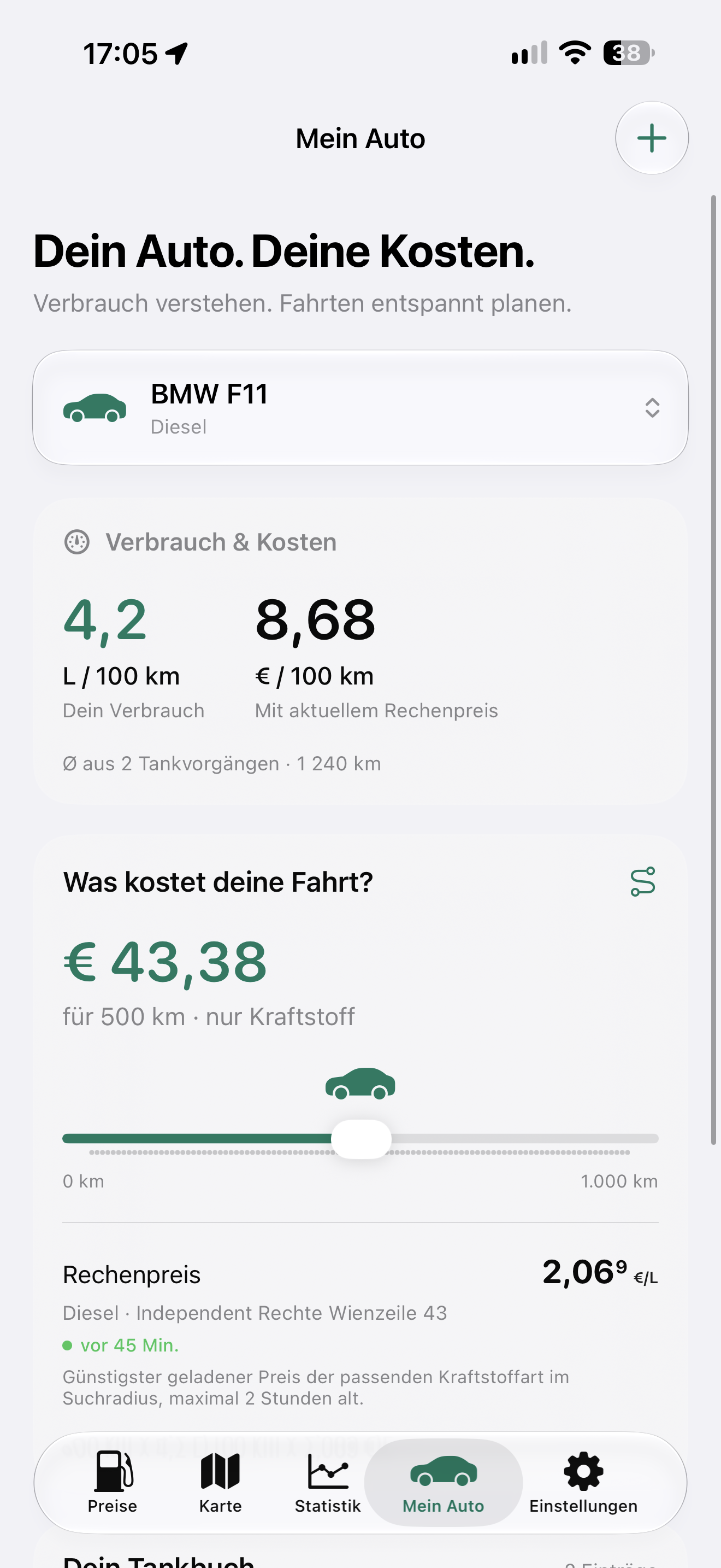 SpritFox – Mein Auto im Hellmodus. Echte App-Momentaufnahme.